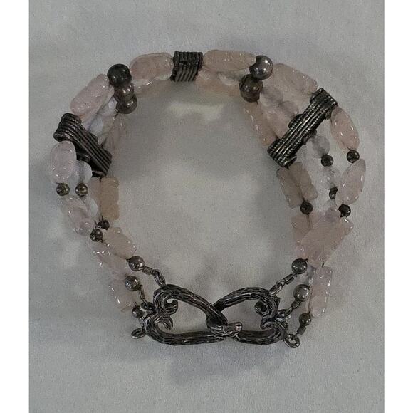 Rare Vintage Bracelet Sterling Silver 925 And Carved Rose Quartz Layered Beads - Picture 1 of 16